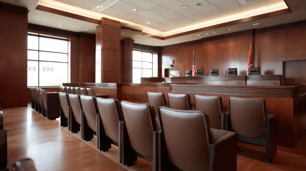 empty courtroom showcasing wooden architecture comfortable seating and natural light emphasizing justice and legal proceedings photo